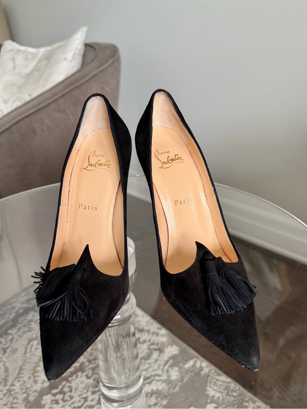 Christian Louboutin Black Suede Tassel Pointed-Toe Stiletto Pumps - Picture 2 of 8